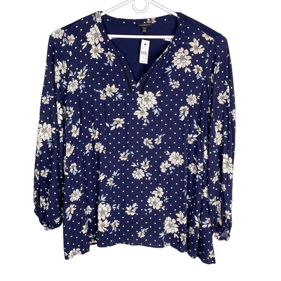 Lane Bryant Blouse 28 Navy Floral Long Sleeve V-Neck New - Picture 1 of 12